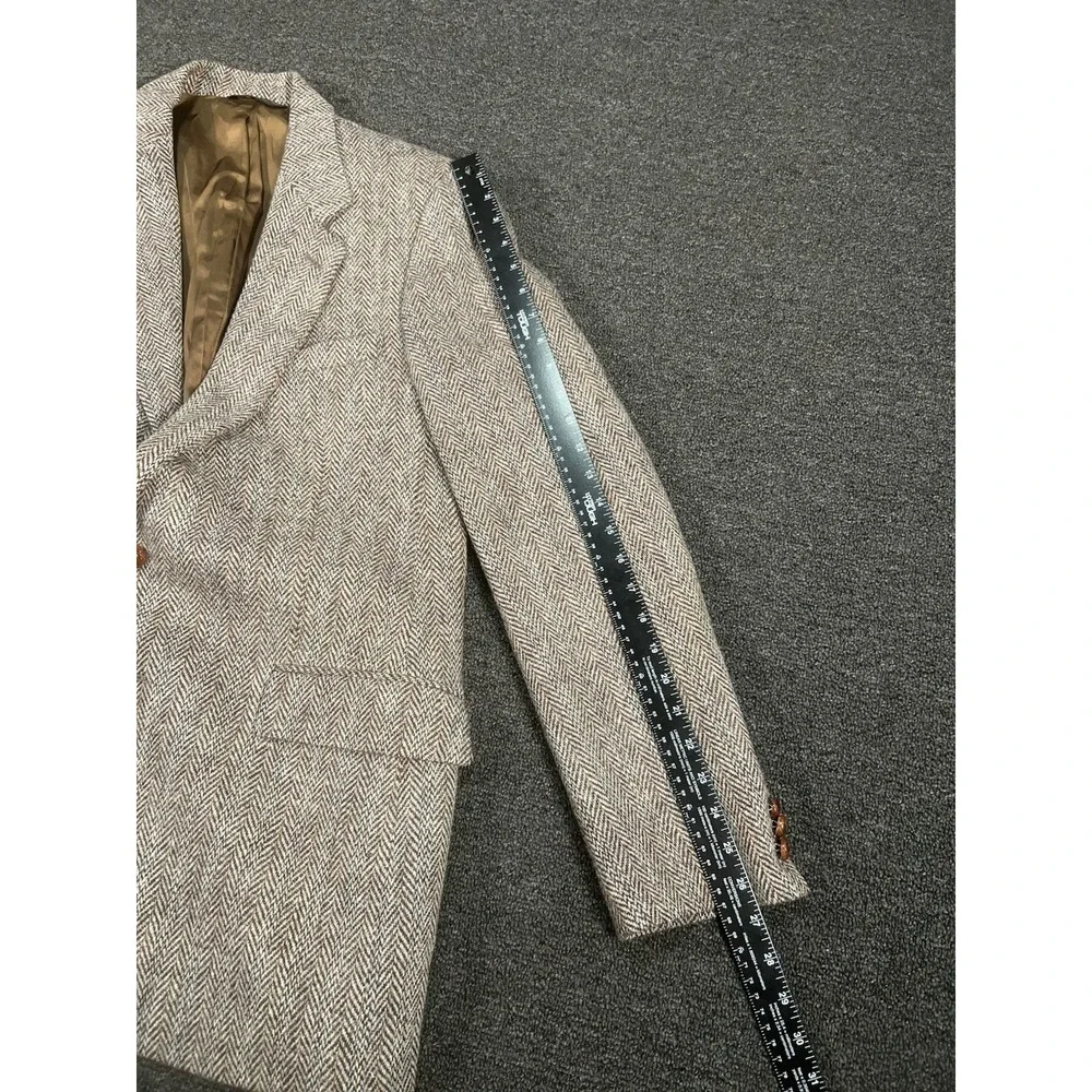 Vintage Harris Tweed Blazer Jacket Men's 42R Beige Herringbone Scottish Wool